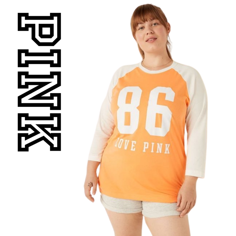 VICTORIA'S SECRET PINK- COTTON 3/4 SLEEVE CAMPUS BASEBALL T-SHIRT - Large
